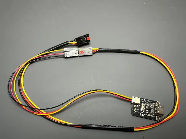 1×3 female to 2×3 female adapter connected to the UPDI Friend's JST SH-to-male-Dupont lead