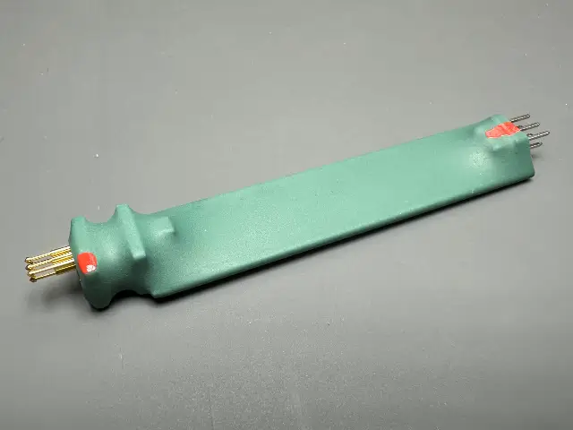 2×3 pogo-pin probe and harness connector with matching red pin 1 paint dots