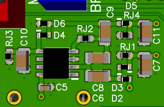 3D render of the Small IO Board with the switching regulator area (IC1 and its surrounding diodes, capacitors and resistor footprints) visible