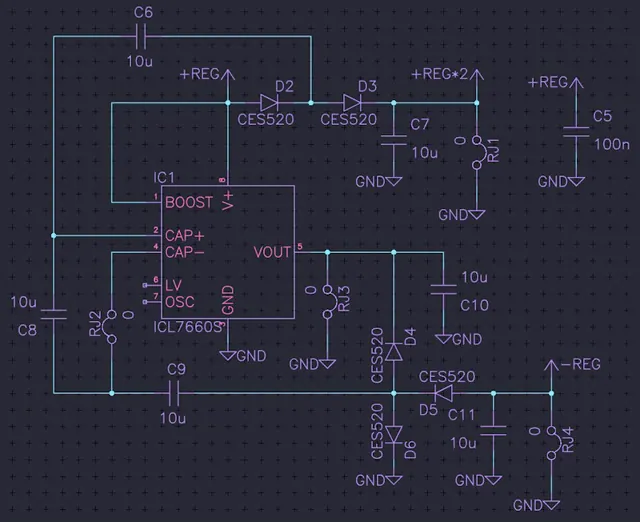 Schematic of the switching regulator stage, showing IC1 and the surrounding diode and capacitor network