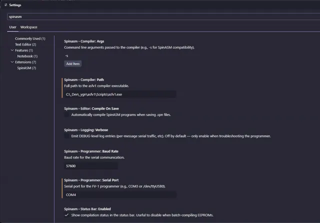 VS Code Settings filtered to SpinASM and showing all compiler, programmer, editor, status-bar and logging options