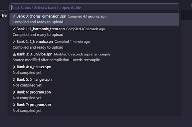 SpinASM bank status list showing empty, uncompiled, current and stale program banks