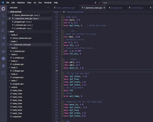VS Code Explorer showing individual bank HEX files and the combined 4 KB output.bin EEPROM image