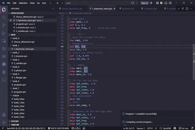 VS Code after compiling the active SpinASM program with its HEX output and current bank status visible