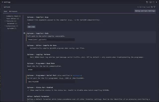 VS Code Settings showing the SpinASM compiler path and default compiler arguments