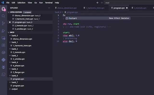 SpinASM instruction completion in VS Code showing an instruction signature and description