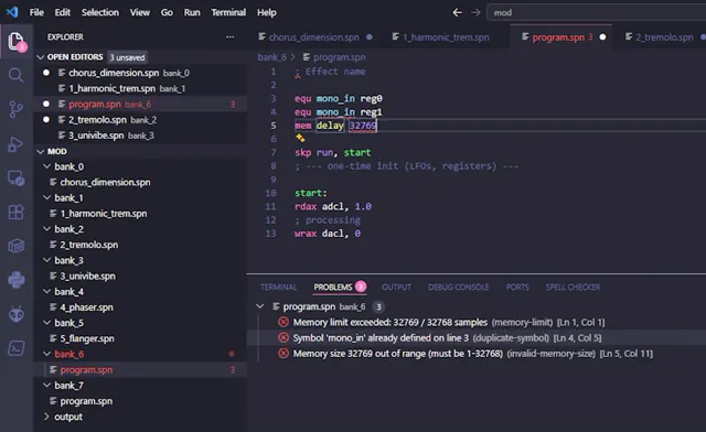 SpinASM source in VS Code with an inline error and the matching explanation in the Problems view