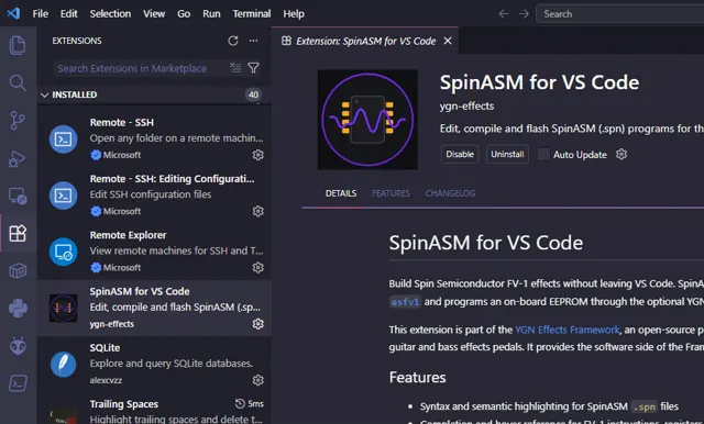 VS Code Extensions view showing SpinASM for VS Code installed from the YGN Effects publisher