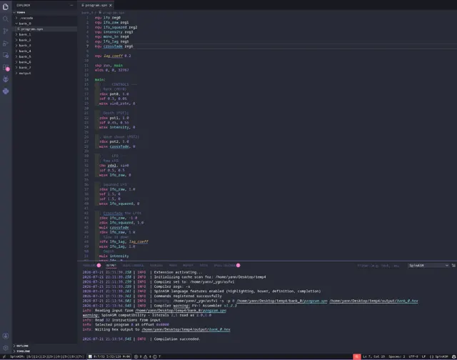VS Code with a SpinASM program open, inline diagnostics and FV-1 bank and resource usage shown in the status bar