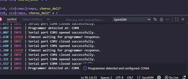 VS Code reporting that SpinASM automatically detected and configured an FV-1 programmer serial port