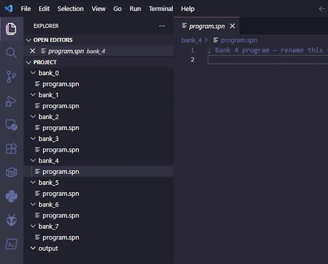 VS Code Explorer showing an FV-1 project with eight bank folders and the output folder