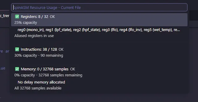 SpinASM resource usage view showing registers, instructions and delay-memory allocation for the active program