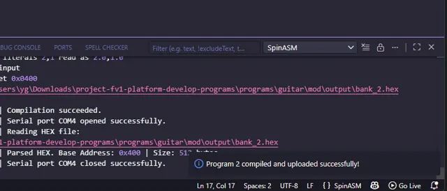 VS Code reporting a successful SpinASM compile, EEPROM upload and read-back verification